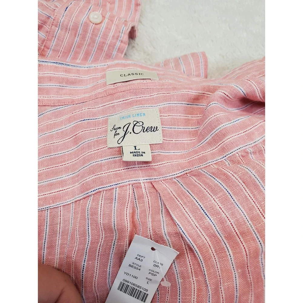 NWT J. Crew Red Striped Irish Linen Button Dress Shirt Men Large Casual Classic